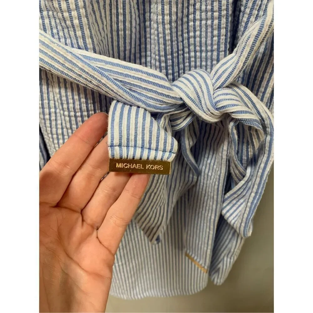 Michael Kors Ruffle-Neck Seersucker Dress with Pockets NWOT Large